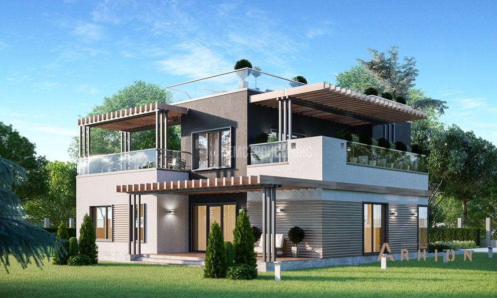 4. Проект двухэтажного дома в стиле хай-тек с плоской кровлей , t-39-01, площадью - 209 кв c терассой